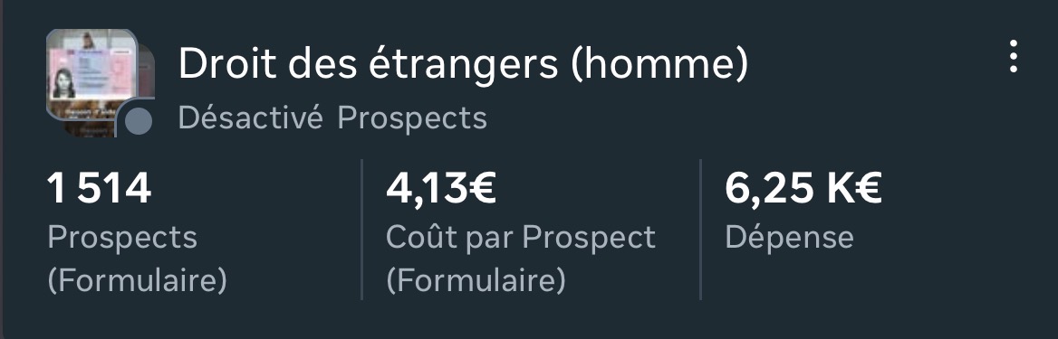 Campagne Meta Ads droit des étrangers : 1 514 prospects à 4,13 € par prospect