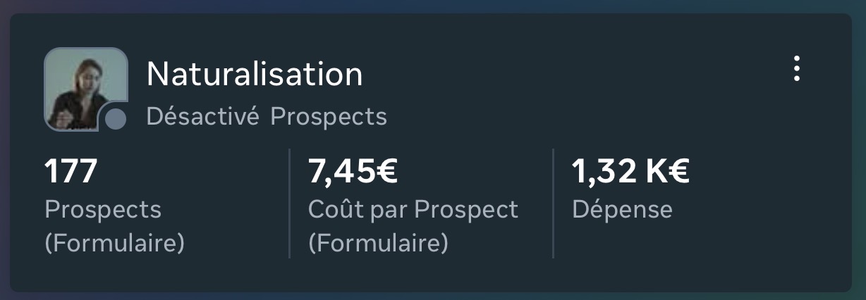 Campagne Meta Ads naturalisation : 177 prospects à 7,45 € par prospect
